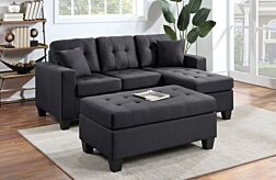 3 Pc. Naomi Black Linen Sofa Chaise Set 