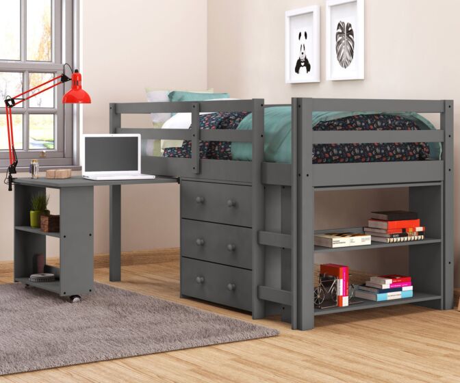 Dark Grey Twin Bed Plenty Of Storage, Twin Low Loft Bed With Storage And Desk