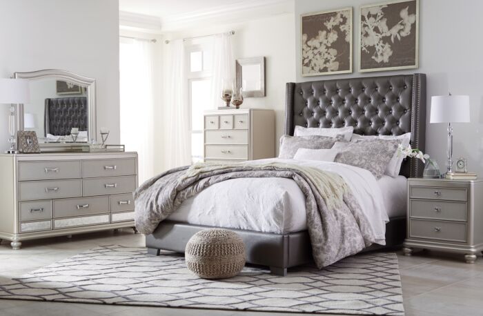 Cyne Bedroom Set Upholstered, Ashley Furniture Upholstered Headboard King Size Metal Legs Black White