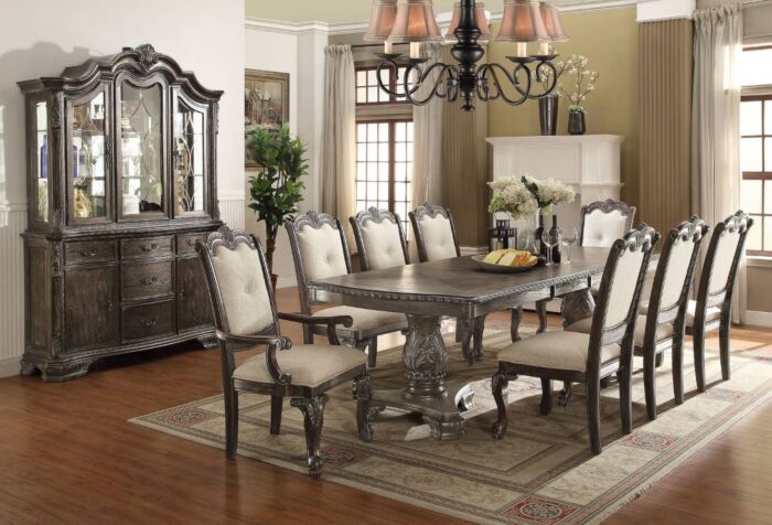Kiera Formal Grey Dining Room Set, Formal Dining Table With Bench And Chairs